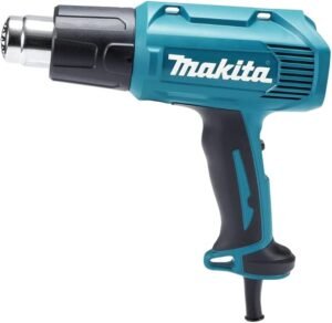 Pistola de calor Makita HG5030 13A con 550°C y doble flujo de aire, ideal para decapar pintura, termoencoger y trabajos en plástico.