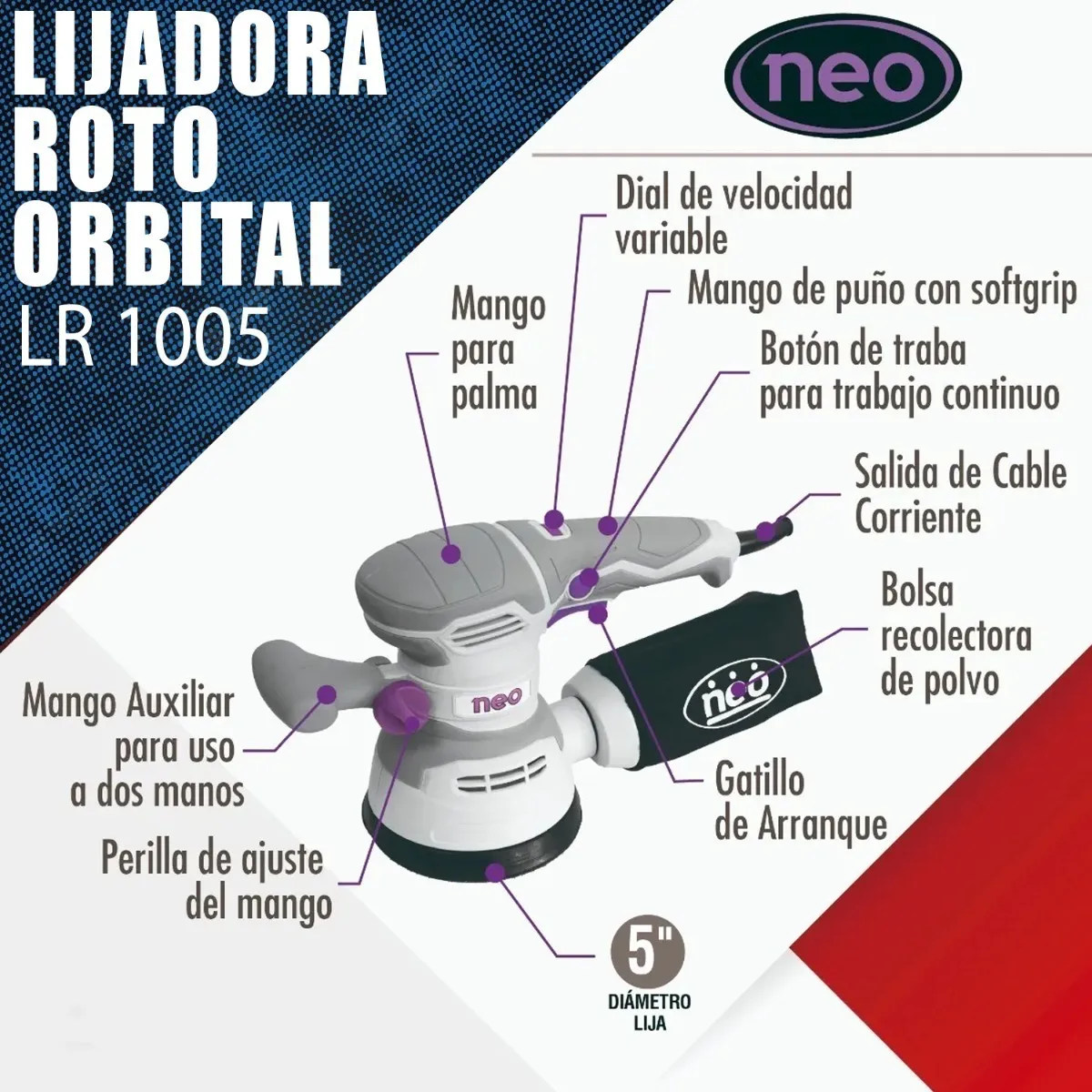 lijadora orbital neo lr 1105 industrial 380w 5" 3 Lijadora Orbital neo LR 1105 Industrial 380W 5" - Imagen 3