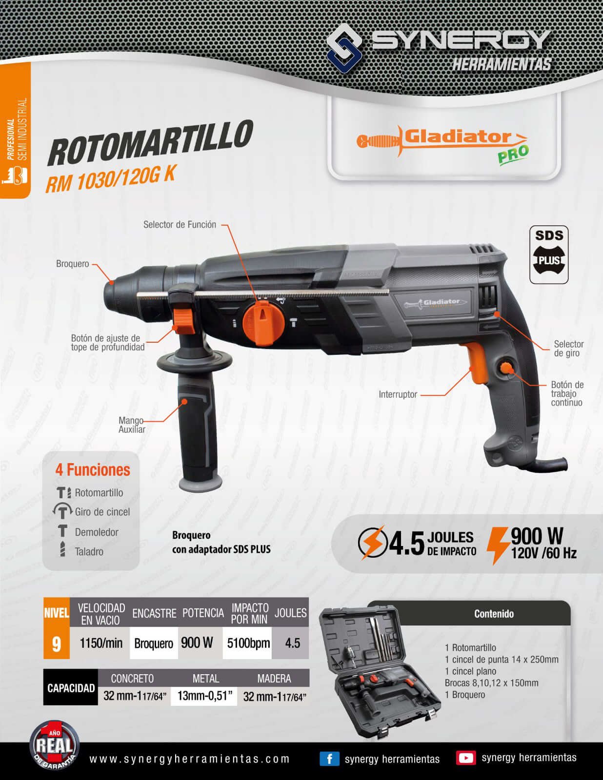 rotomartillo electroneumático gladiator rm1030 sds plus 900w 4.5j 5 Rotomartillo Electroneumático Gladiator RM1030 SDS Plus 900W 4.5J - Imagen 5
