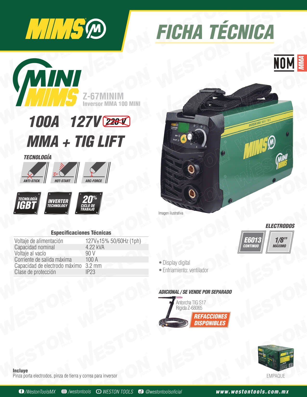 kit soldadora inversor mma 100 mini z-67minim 110v + careta fotosensible mims 3 Kit Soldadora Inversor MMA 100 MINI Z-67MINIM 110V + Careta Fotosensible MIMS - Imagen 3